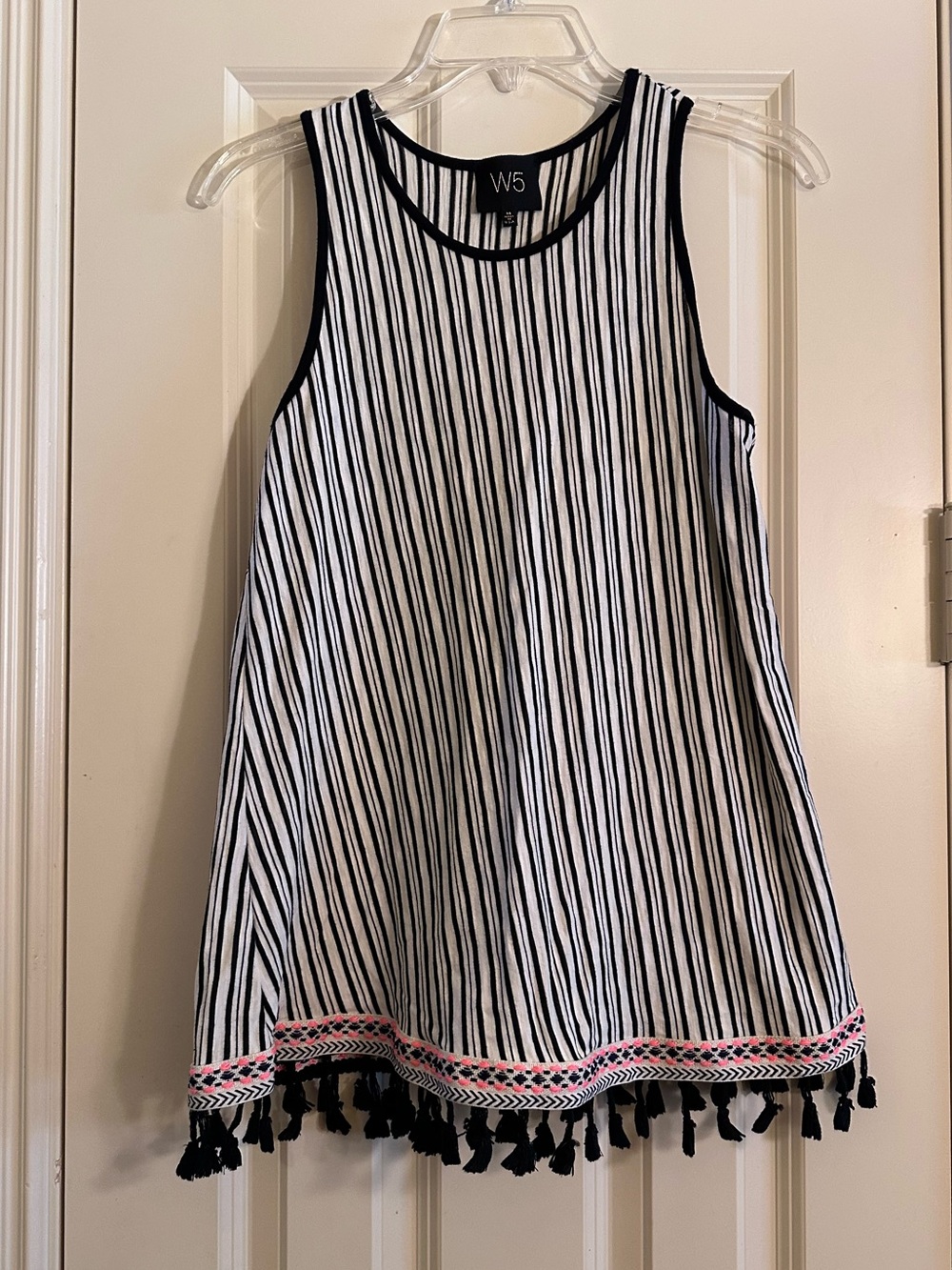 Anthropologie W5 Black & White Striped Tank with Pink Trim & Black Tassels